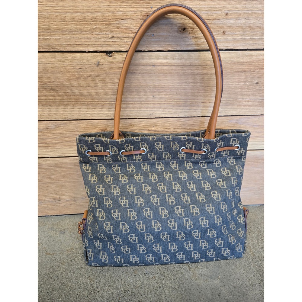 Dooney & Bourke Monogram Denim Canvas Leather Tassel Drawstring Tote Bag OS - Picture 2 of 9
